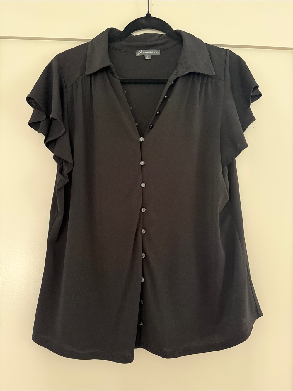 Adrienne Vittadini Black Ruffle-Sleeve Button Front Blouse